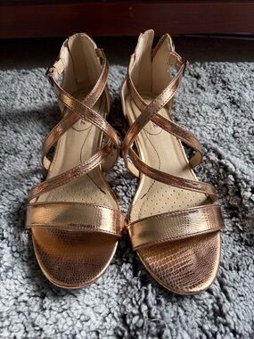 Life Stride Metallic Rose Gold Crisscross Wedge Sandals
